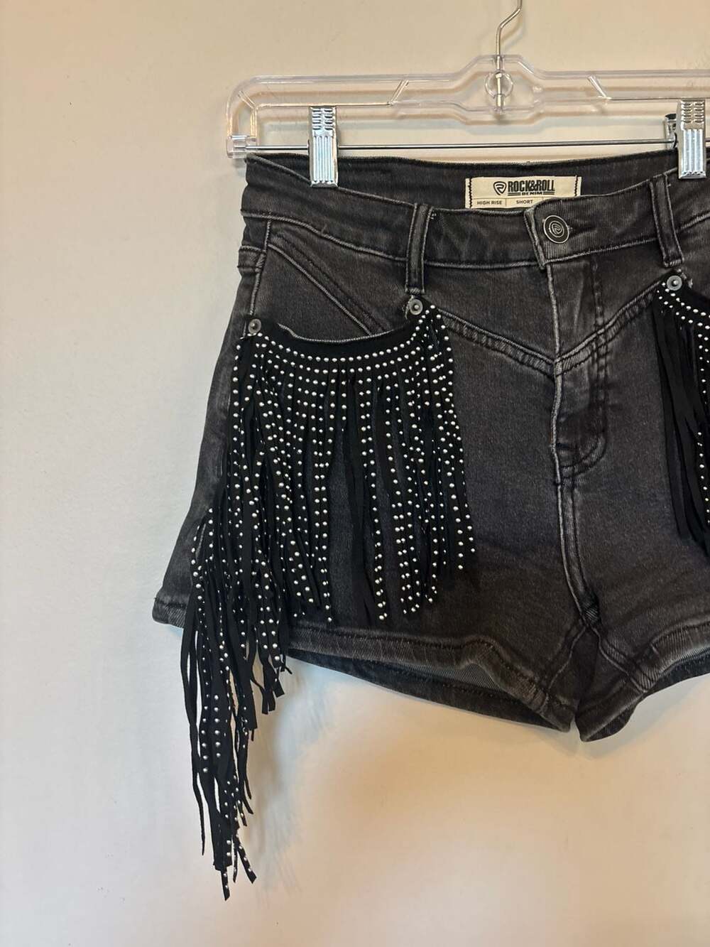 Rock & Roll Denim Women's High Rise Studded Fringe Shorts, Size W 26 - Picture 2 of 6